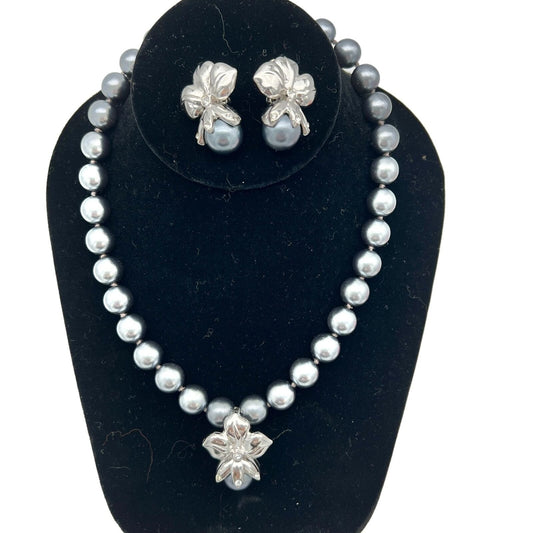 Shakira Caine Gray Faux Pearl Floral Necklace With Matching Clip-on Earrings