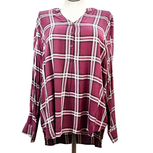 Alexander Jordan Top Women's 2X Burgundy Plaid Feddy Henley Long Sleeve NWT