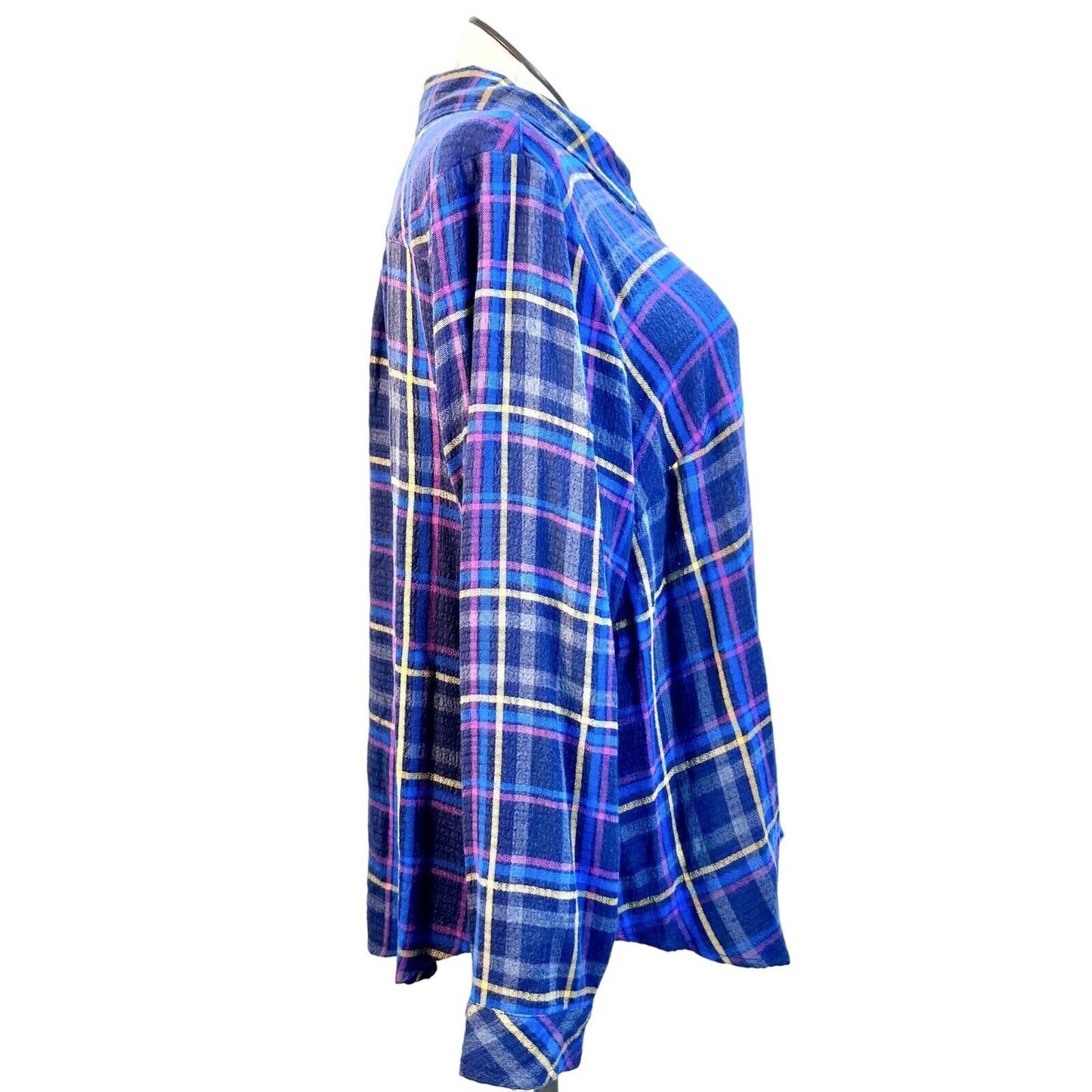 Torrid Flannel Shirt Size 3 Blue Purple Yellow Plaid Buttons Front Back LS NWOT