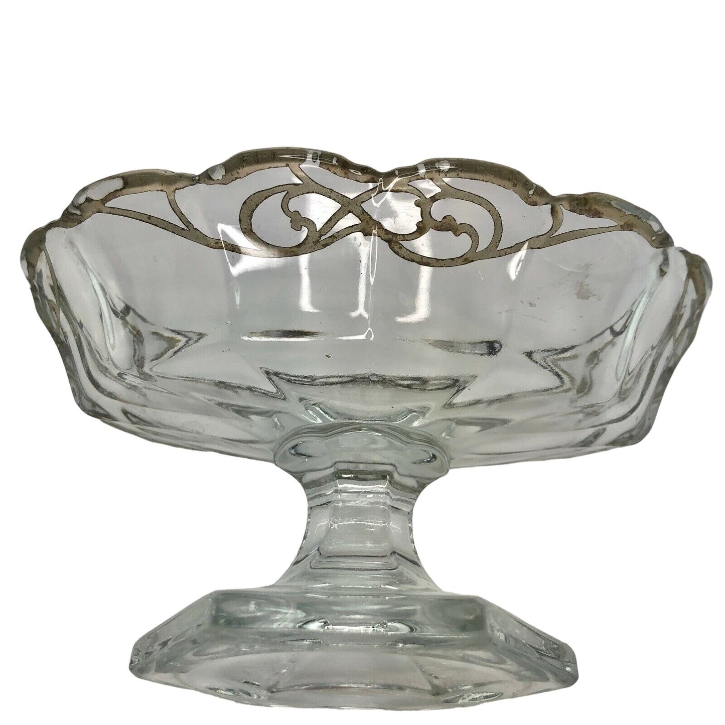 Glass with Silver Design Pedestal Candy Nut Bonbon Trinket Bowl EUC