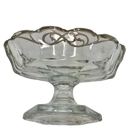Glass with Silver Design Pedestal Candy Nut Bonbon Trinket Bowl EUC