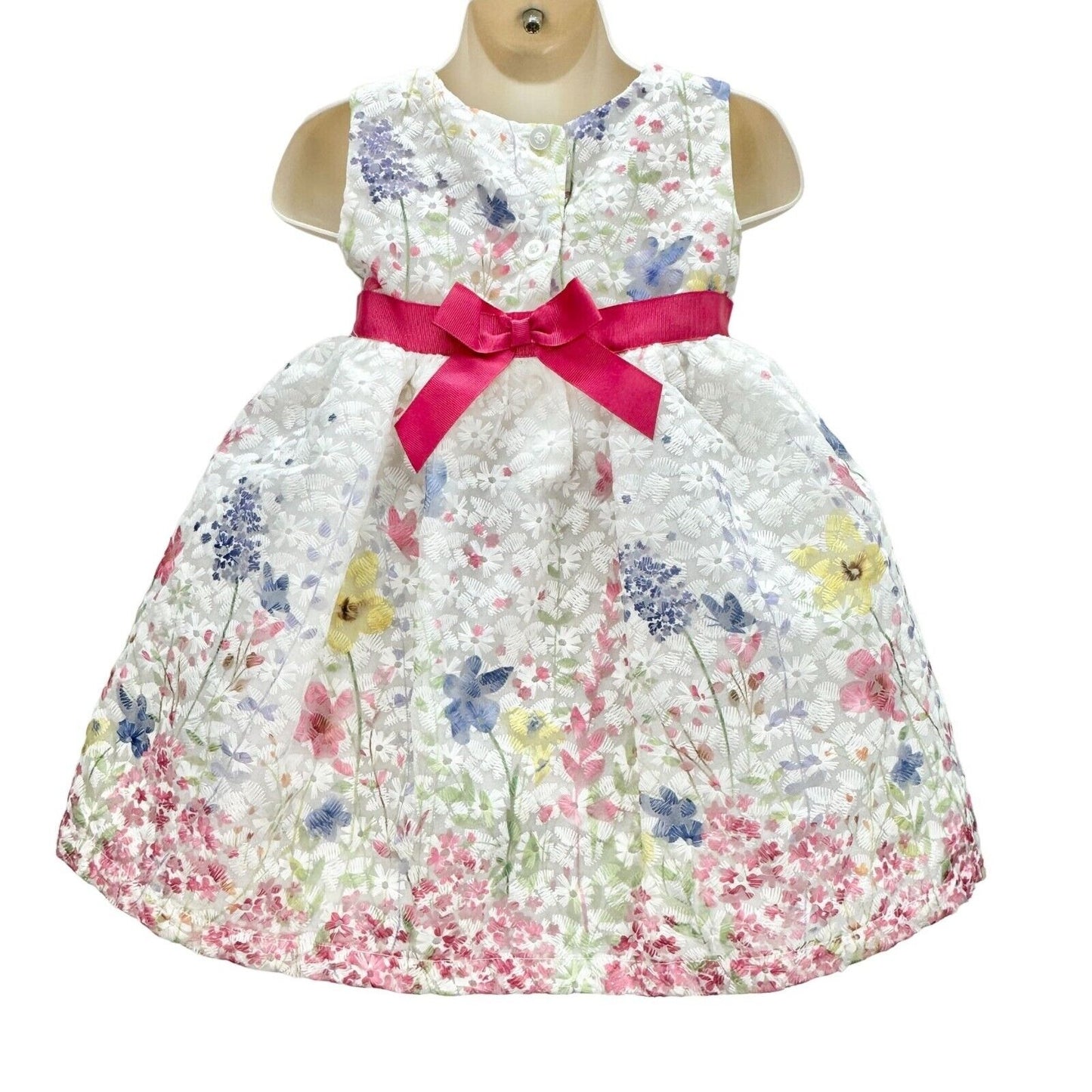 Blueberi Boulevard Child's Dress Size 18M White Stitched Flowers Pink Bow EUC