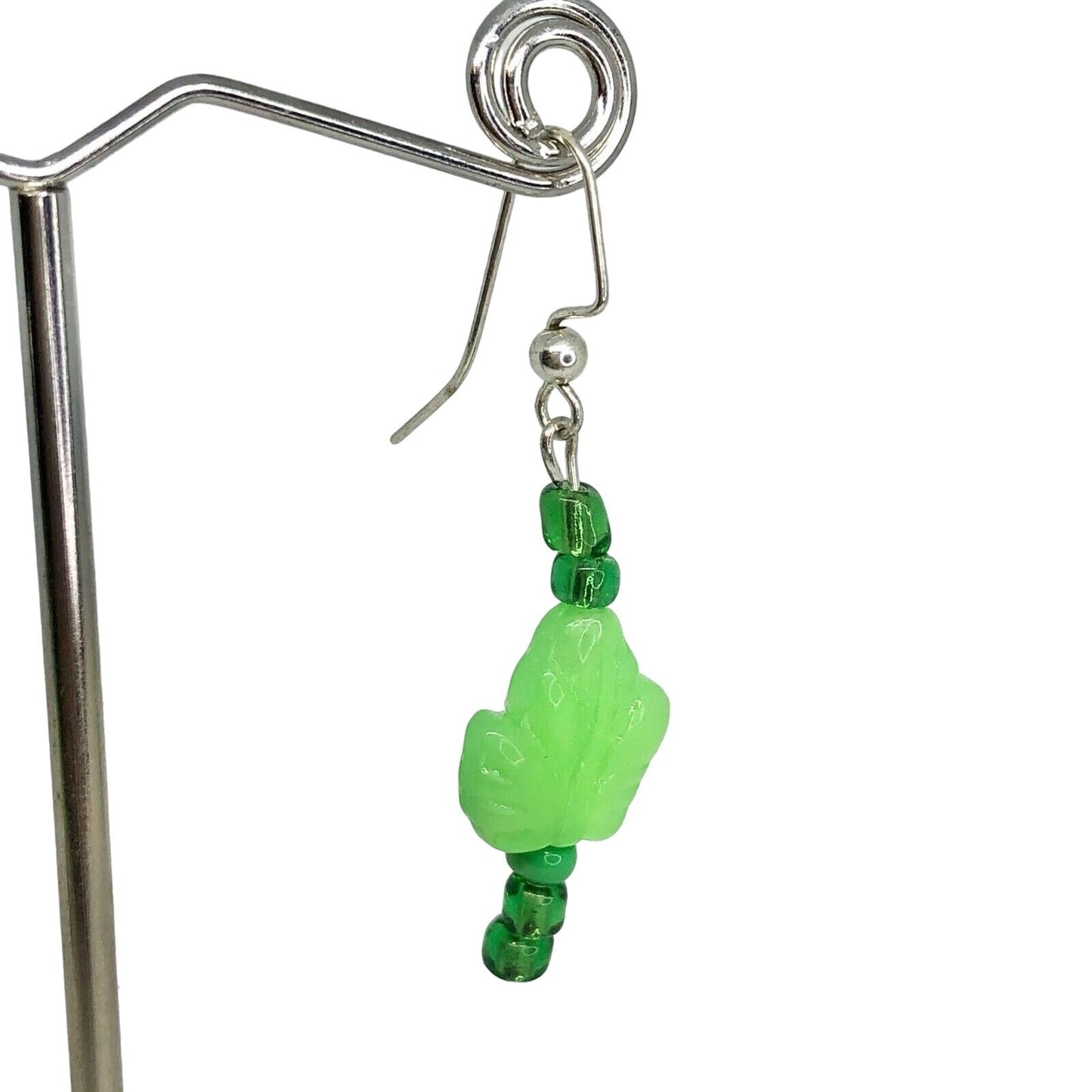 Handmade Beaded Earrings Green Glass Leaf Beads Spring Jewelry NEW