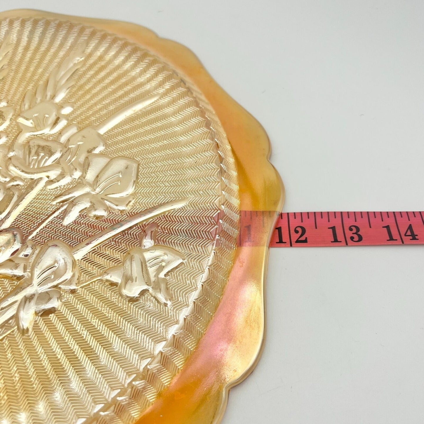 Iridescent Iris & Herringbone Marigold Platter 12 in Vintage Carnival Glass 1940s