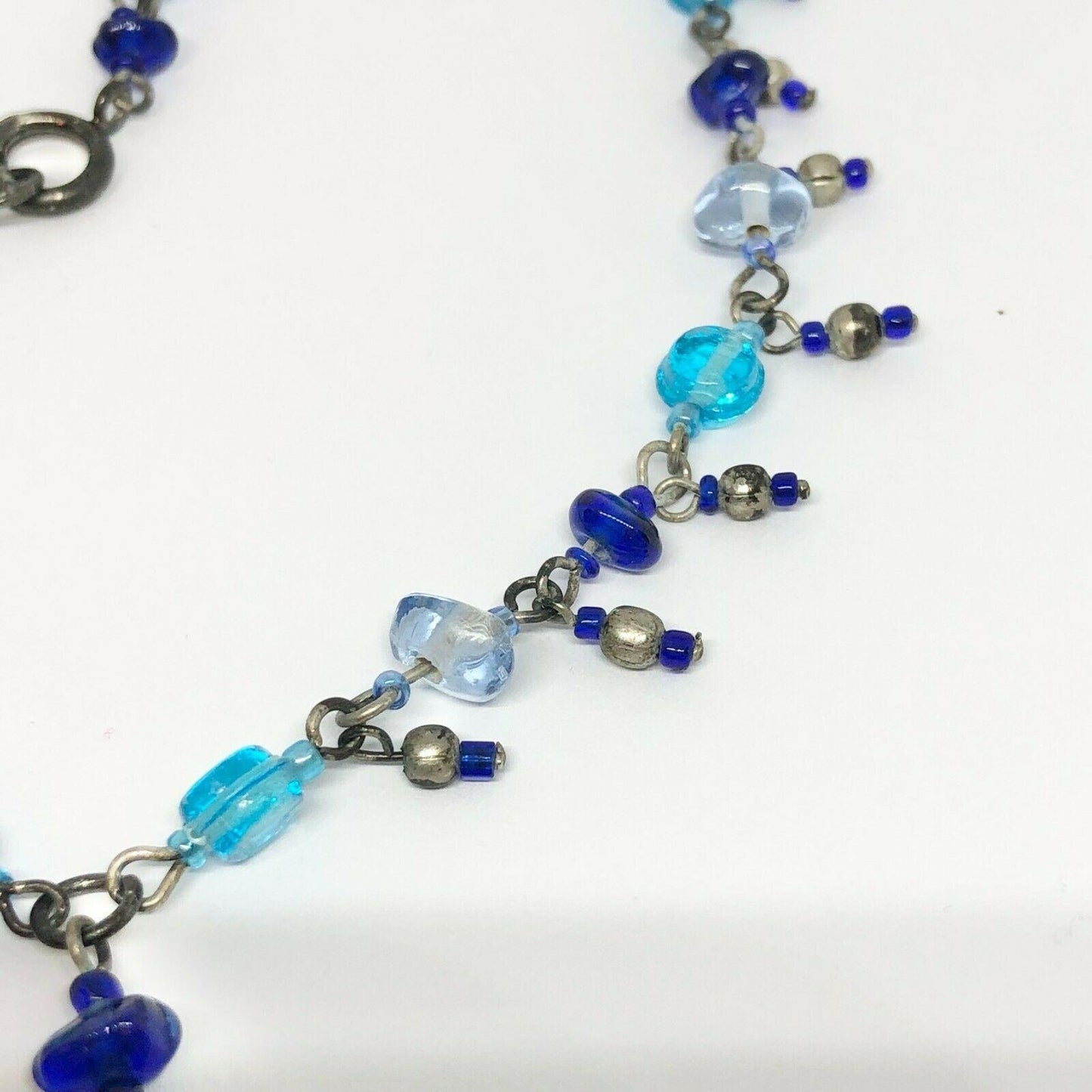 Beaded Pendant Necklace Silvertone and Blue Colorful Beautiful