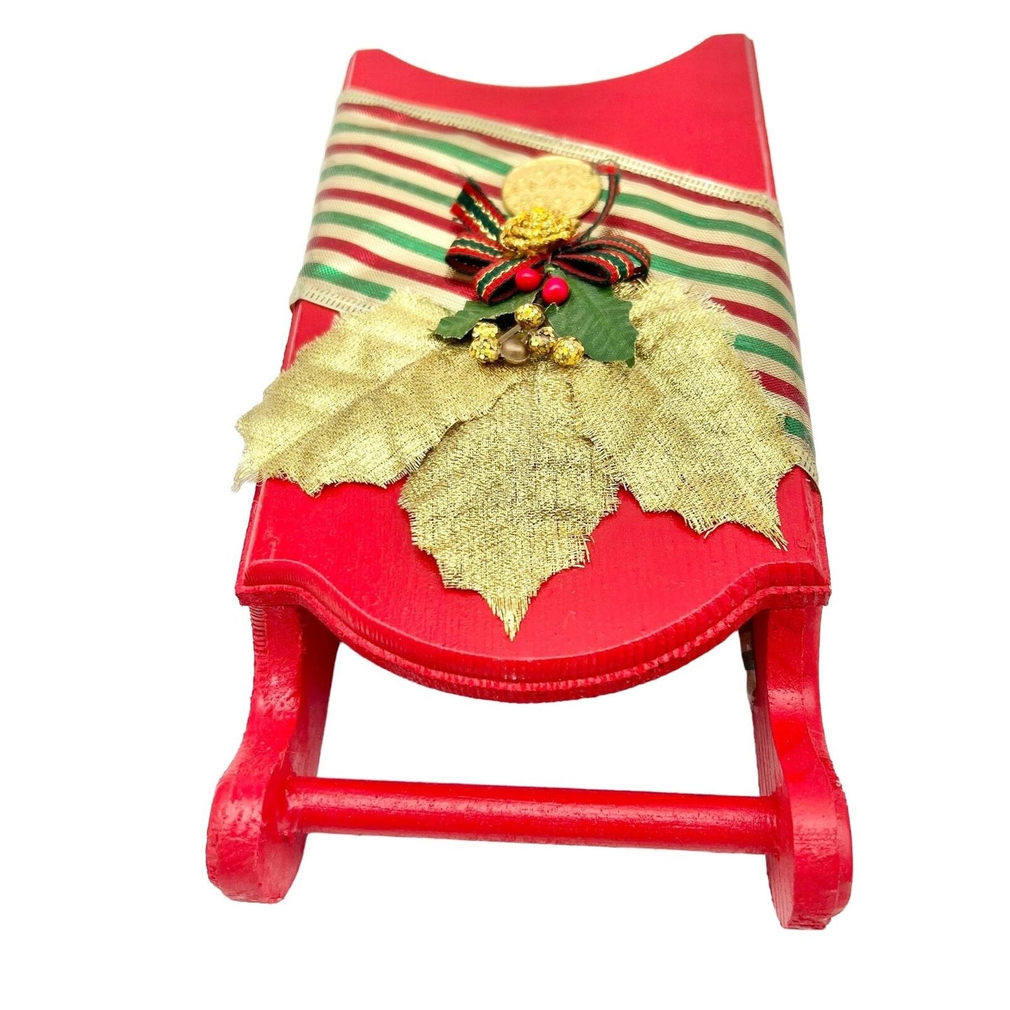 Handcrafted Wooden Sled Red Holly Embellishment Christmas 8.5 x 4