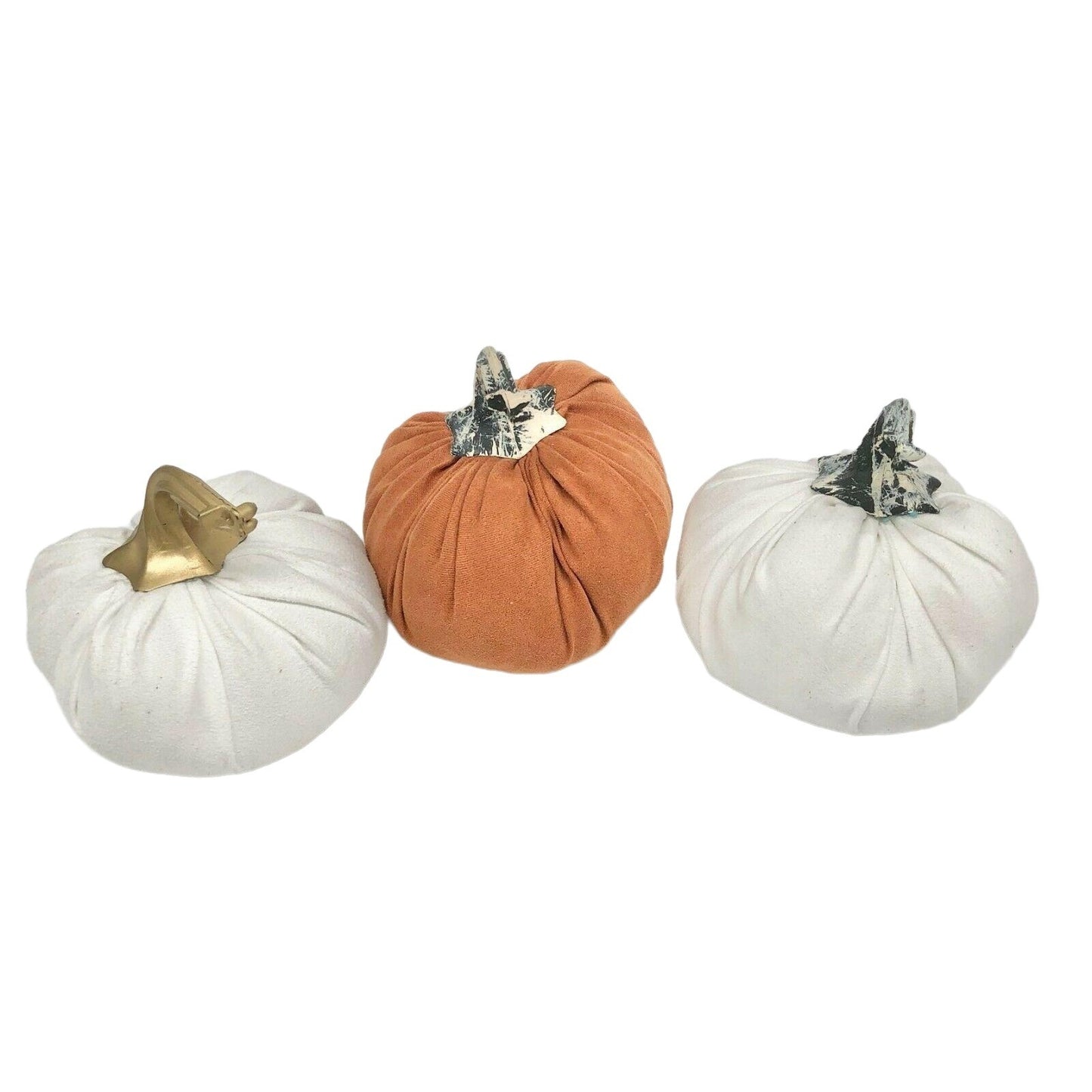 Autumn Fall Set of 3 Fabric Pumpkins Orange White Halloween