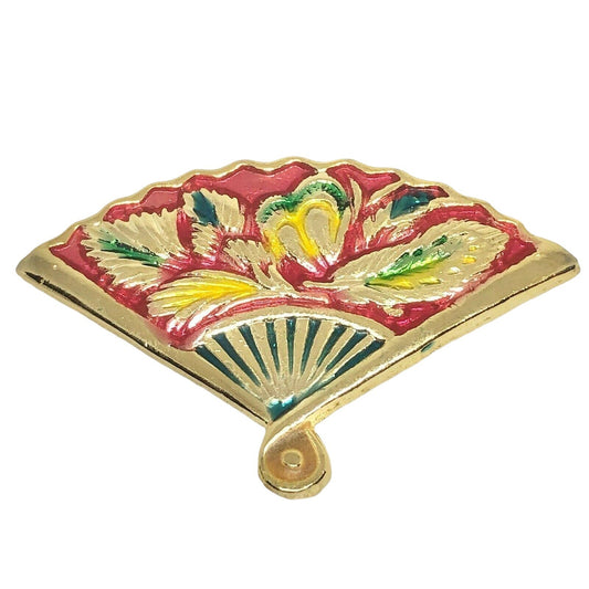 Vintage Cloisonné Gold Tone Fan Brooch Pin Red Yellow Blue Leaves Pin Back