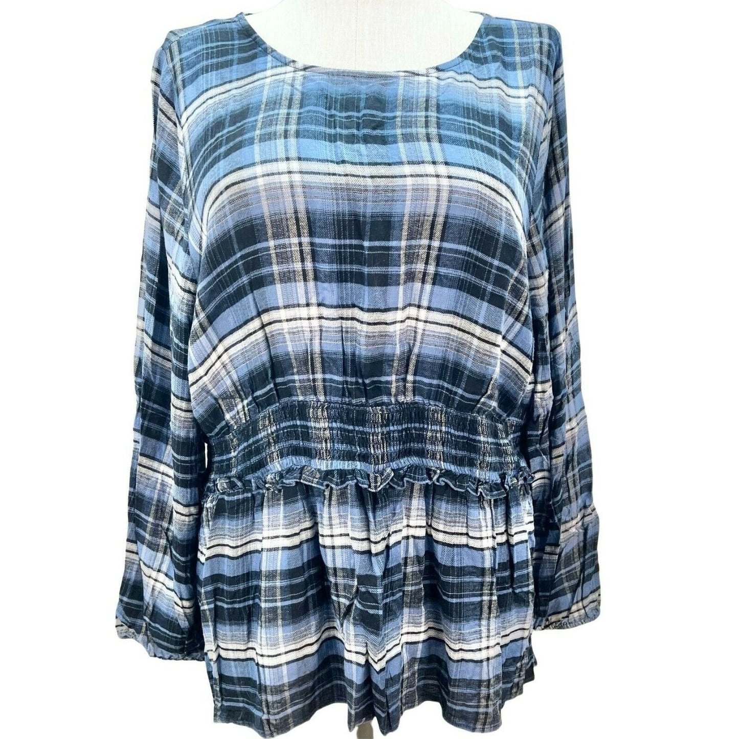 Lane Bryant Women's 20 Blue Plaid Long Sleeve Peplum Top NWT