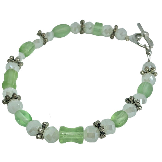 Handcrafted Bracelet White & Green Beads Silver Toggle Clasp Beads Spring NEW