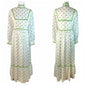 Vintage 1960s White w/ Green Polka Dots High Collar Long Sleeve Gown Bridesmaid