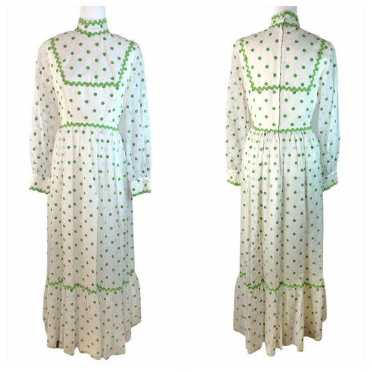 Vintage 1960s White w/ Green Polka Dots High Collar Long Sleeve Gown Bridesmaid