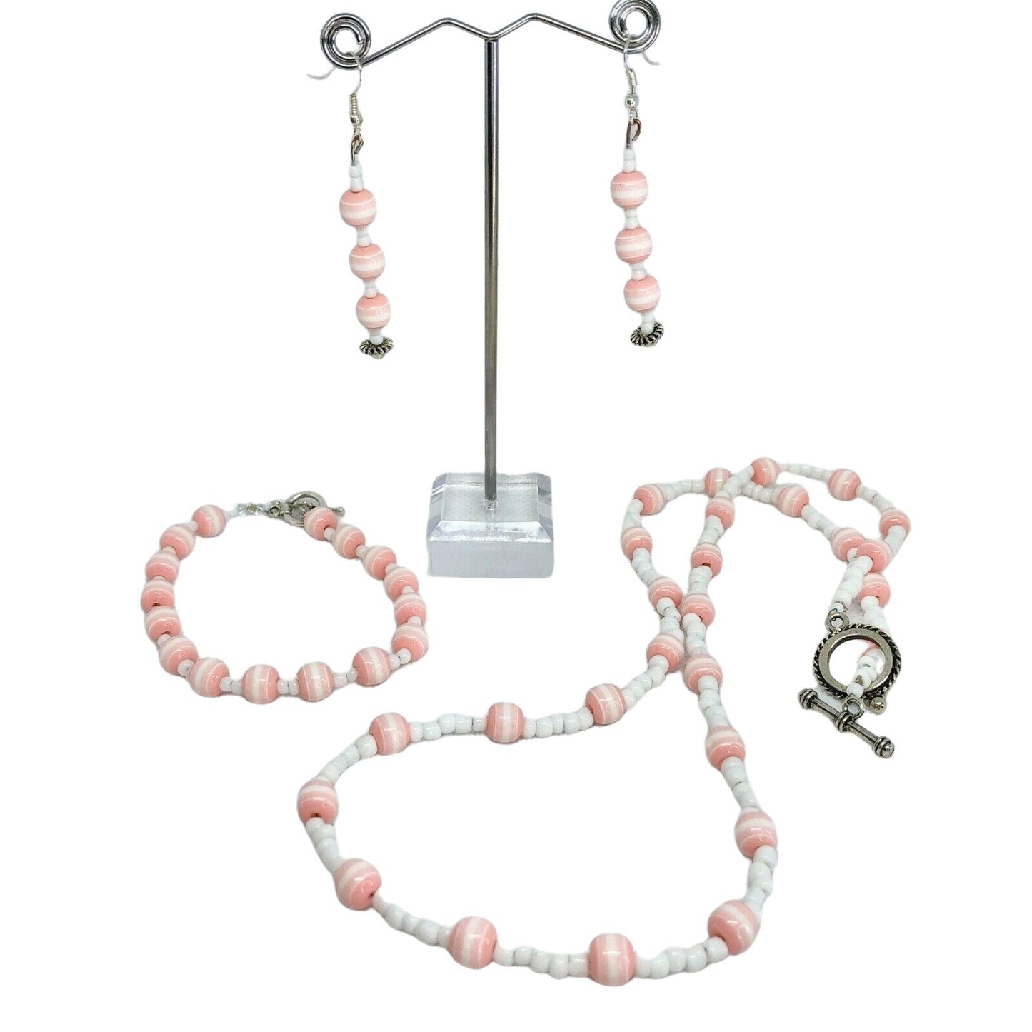 Handcrafted 3pc Jewelry Set Light Pink Beads Necklace Earrings Bracelet NEW