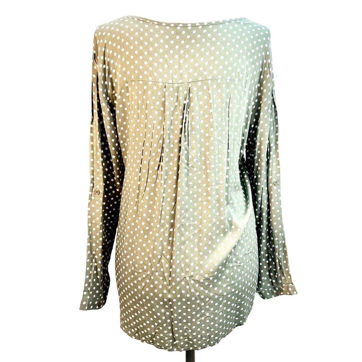 Suzanne Betro Top Women's 2X Olive White Polka Dot Roll Tab Sleeve Tie Front NWT