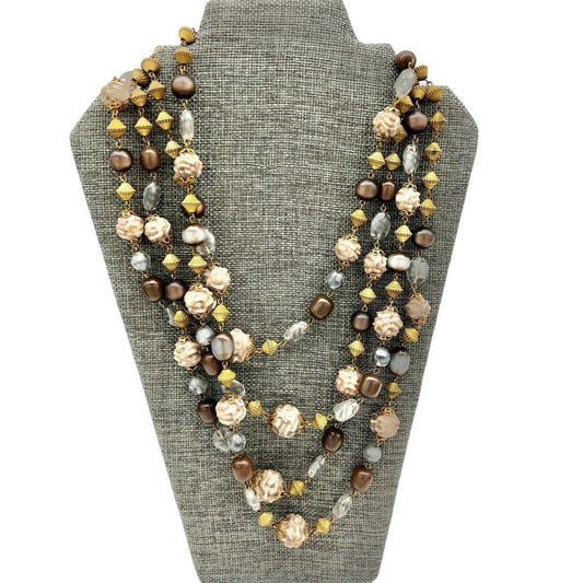 Vintage Goldtone Beaded 4 Strands Necklace Gray and Brown