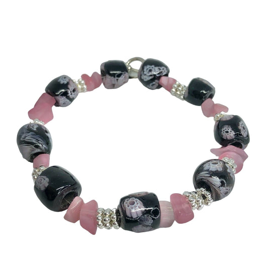 Handcrafted Beaded Bracelet Black Floral Pink Silver Beads Unique Fun NEW