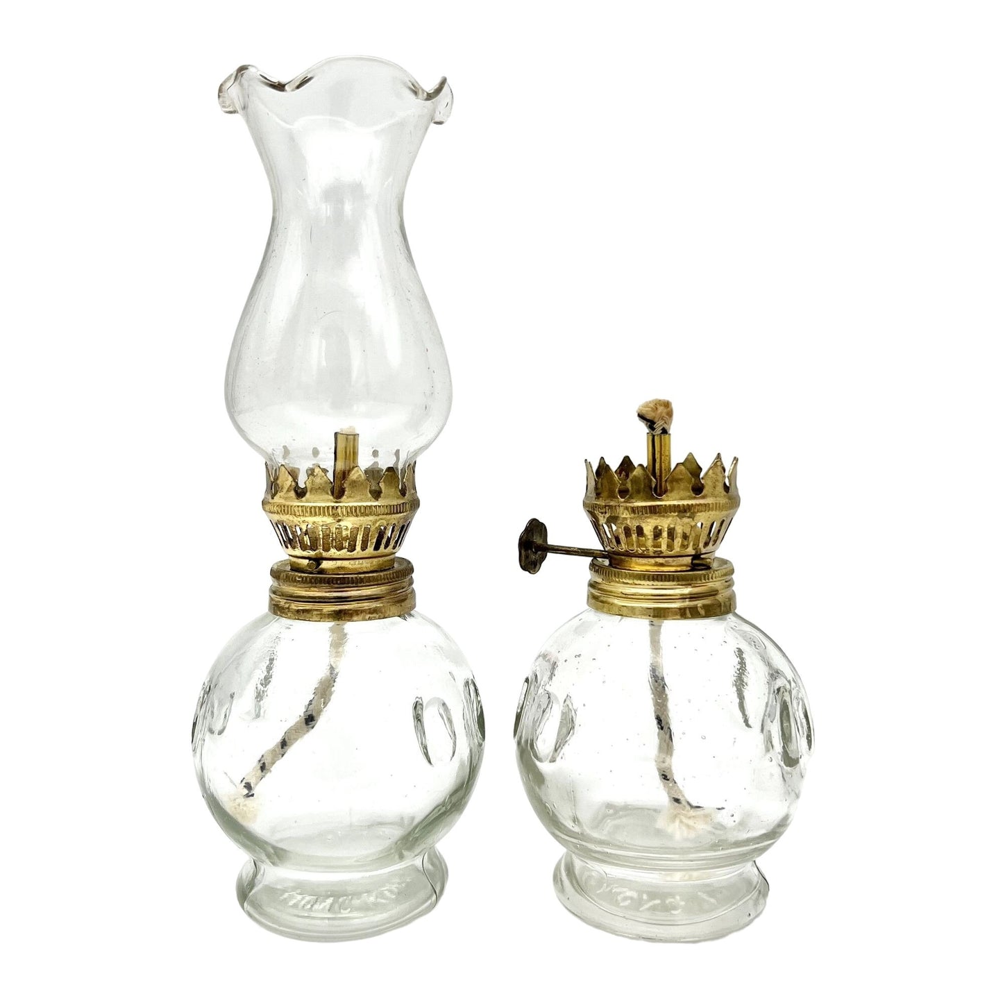 Set of 2 Mini Oil Lamps 8 x 3 and 4.5 x 3 Clear Glass One Missing Chimney