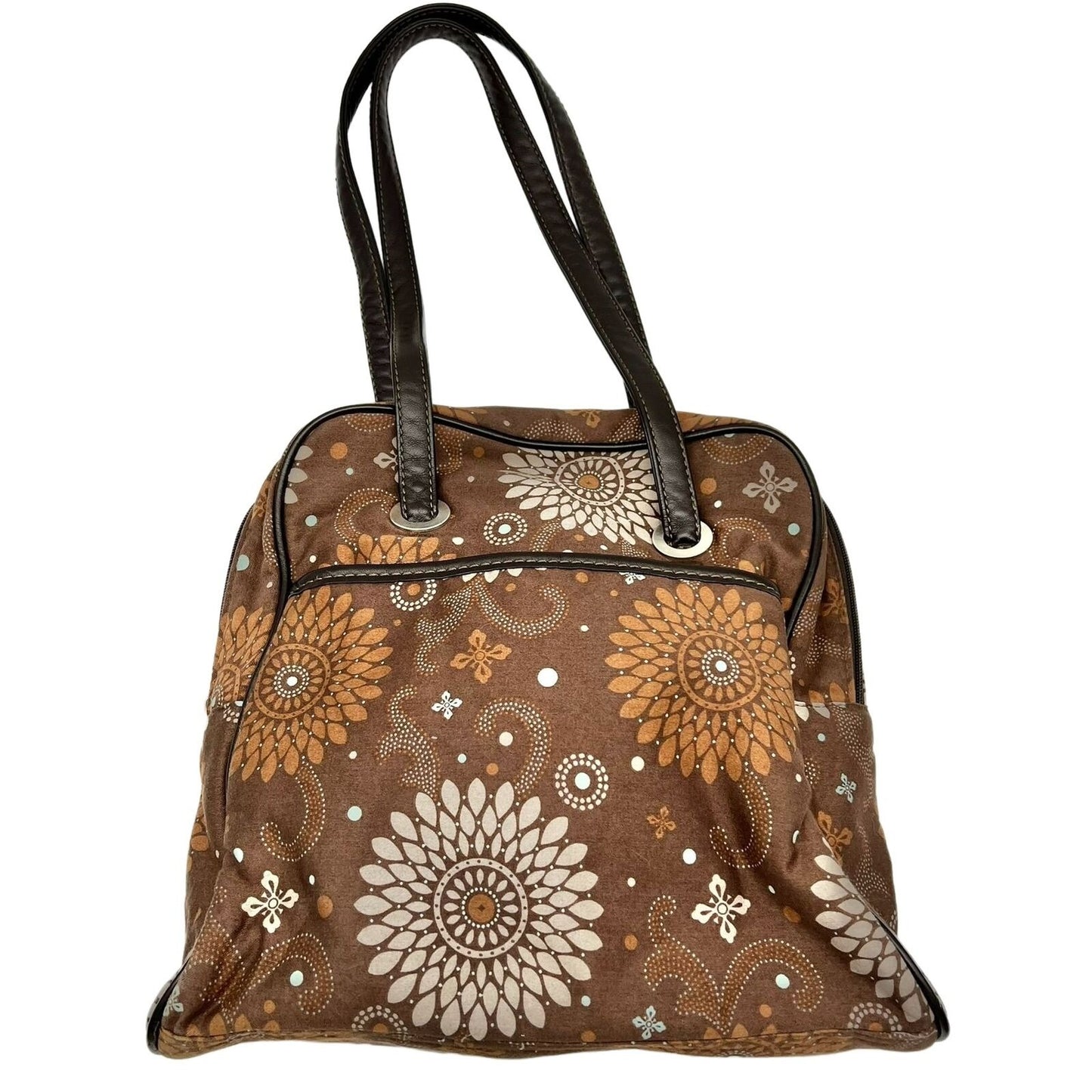 Thirty-One Shoulder Bag Brown Mandala Leather Straps Zip Closure