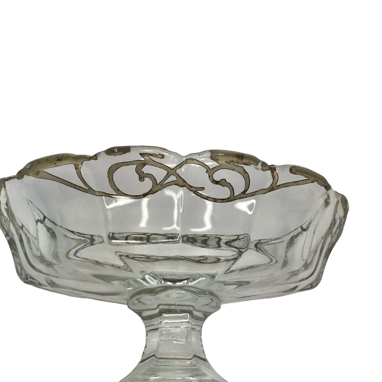Glass with Silver Design Pedestal Candy Nut Bonbon Trinket Bowl EUC