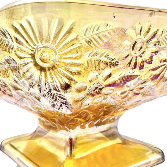 Footed Candy Nut Dish 6.5 x 4.5 Iridescent Marigold Diamond Shape Flowers