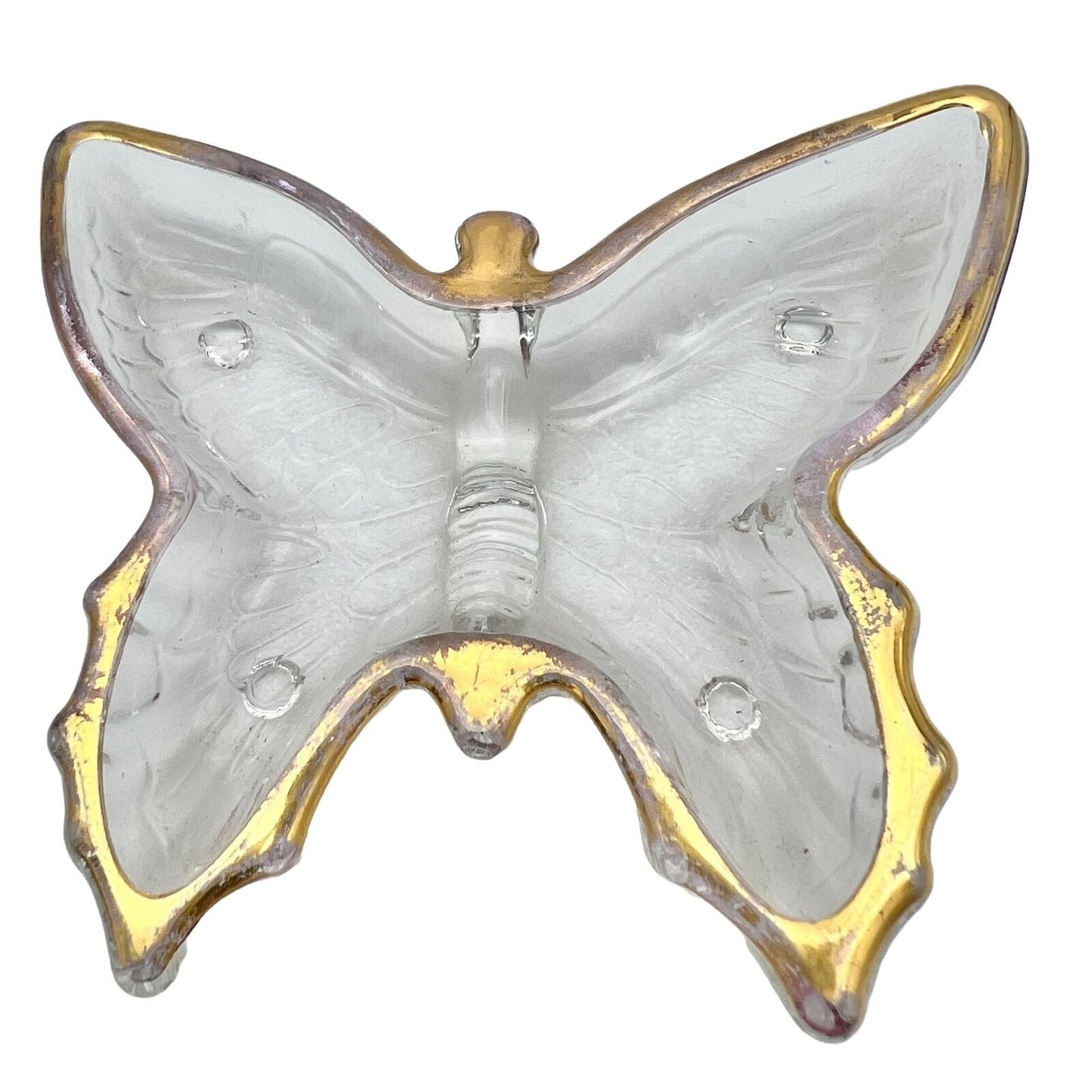 Set of 2 Vintage Butterfly Trinket Dishes 4.5 x 4 Clear Glass Gold Trim