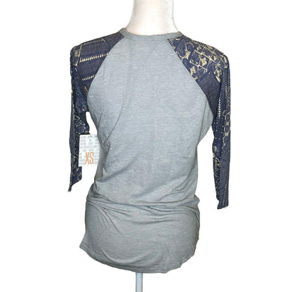 LuLaRoe Randy Baseball Style Tee Size XS Light Gray Purple Beige 3/4 sleeves NWT