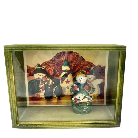 Hand Crafted Shadow Box 7.5 x 5.5 x 3 Green Snowman Christmas Mixed Media