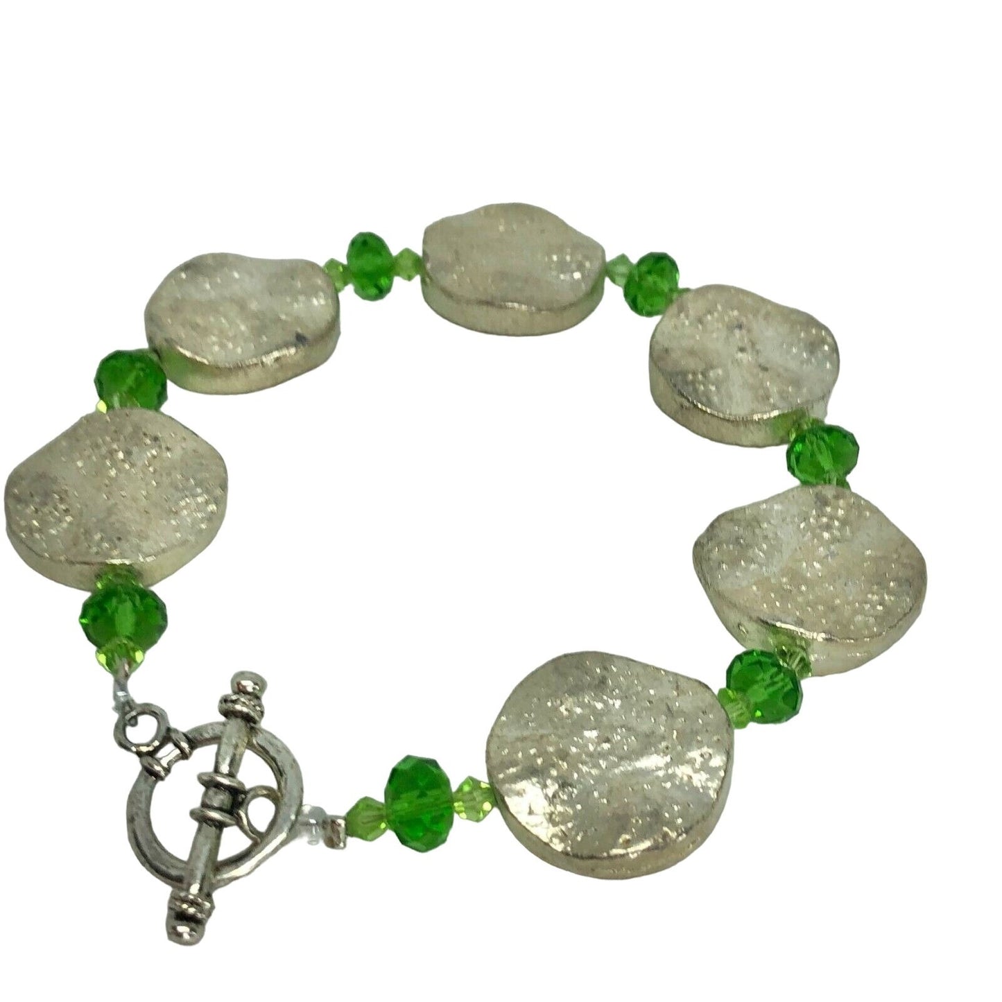 Handcrafted Bracelet Silver Discs & Green Beads Fresh Fun NEW