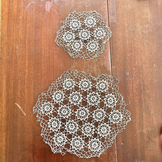 Vintage Set of 2 Doilies Large 12 x 11 Small 8 x 7 Ivory Crocheted