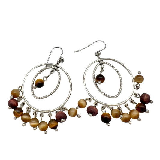 Vintage Earrings Pierced Women's 2 in Drop Silver Tigers Eye Beads