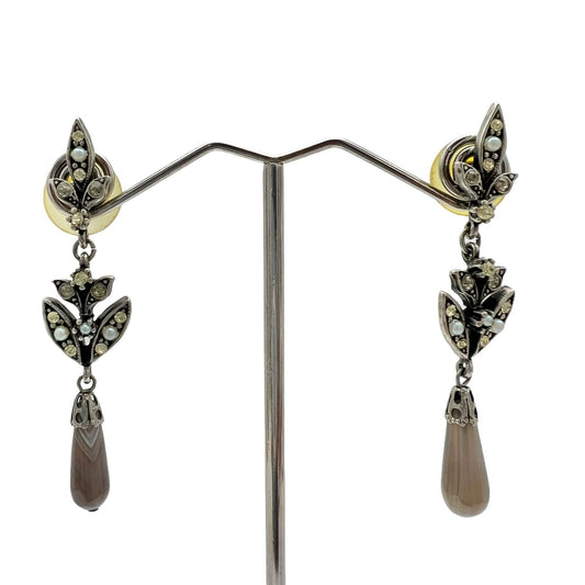 Yosca Vintage Earrings Pierced Women's Drop Post Marcasite Pearl Crystal Stone