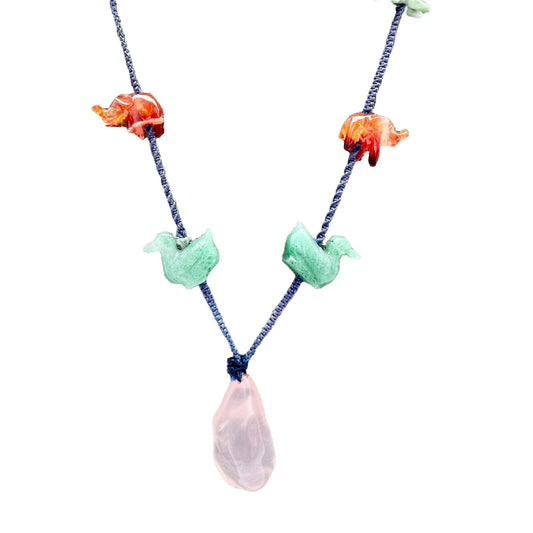 Cord Fetish Necklace 28 in Precious Gemstone Animals Rose Quartz Pendant