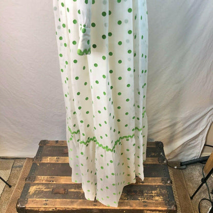 Vintage 1960s White w/ Green Polka Dots High Collar Long Sleeve Gown Bridesmaid