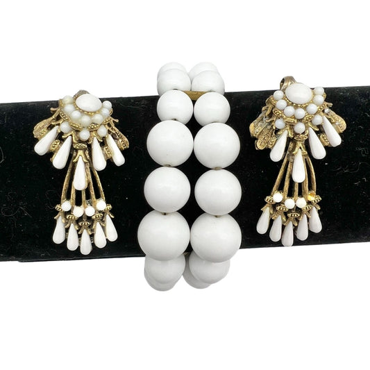 Vintage White Bead Adjustable Cuff Bracelet and White Clip-on Earrings