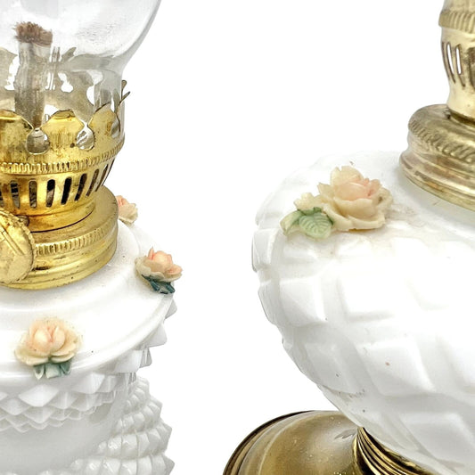 Set of 2 Mini Vintage Oil Lamps 8.5 x 3 9 x 3 Brass and White Milk Glass