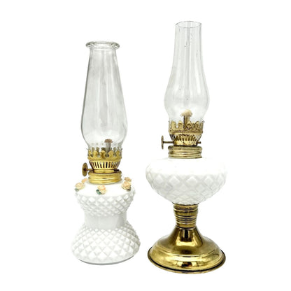 Set of 2 Mini Vintage Oil Lamps 8.5 x 3 9 x 3 Brass and White Milk Glass
