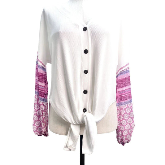 Baea Top Women's 2X White Waffle Knit Pink Pattern Long Sleeve Button Vneck NEW