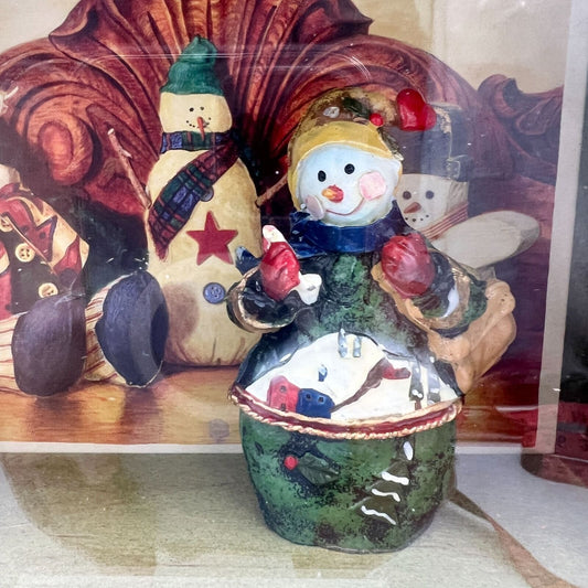 Hand Crafted Shadow Box 7.5 x 5.5 x 3 Green Snowman Christmas Mixed Media