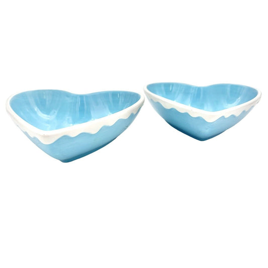 Happy Valentine's Day Set of 2 Heart Bowls  6.5 x 6 Blue White