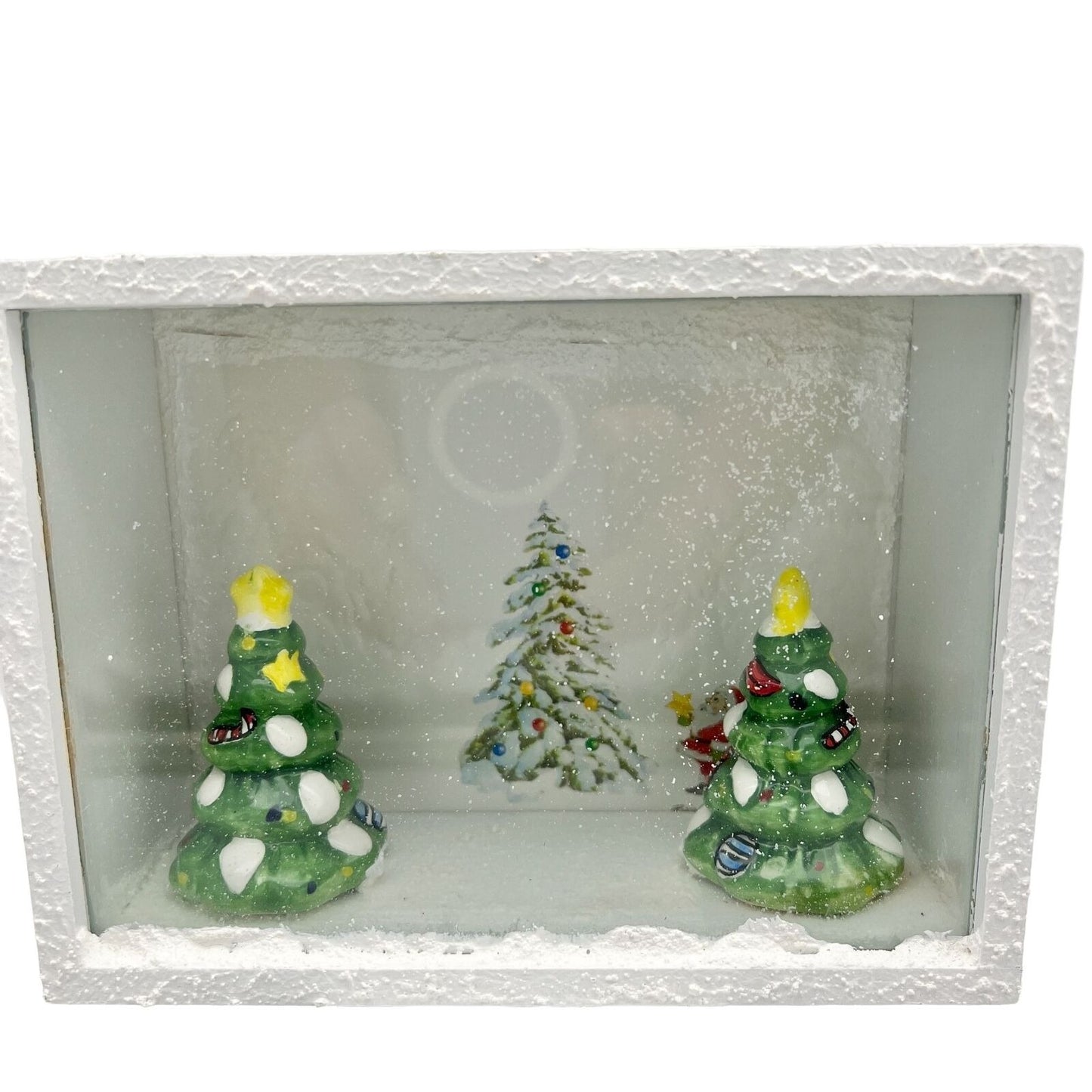 Handcrafted Shadow Box White Trees Christmas Mixed Media 7.5 x 5.5 x 3