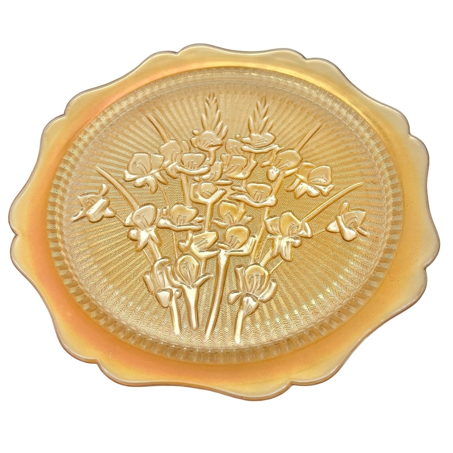 Iridescent Iris & Herringbone Marigold Platter 12 in Vintage Carnival Glass 1940s