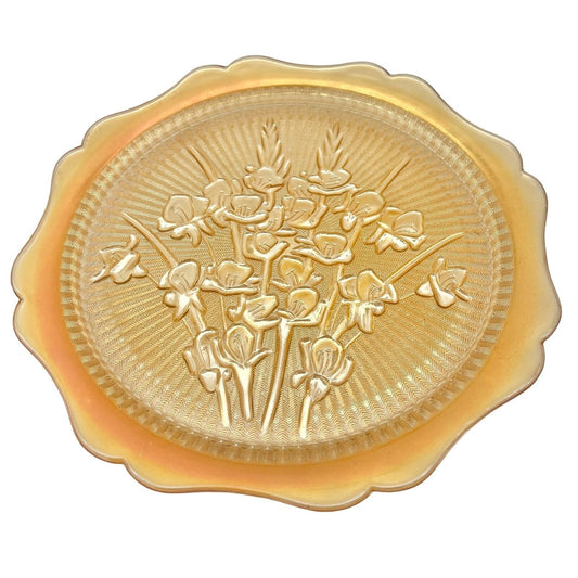 Iridescent Iris & Herringbone Marigold Platter 12 in Vintage Carnival Glass 1940s