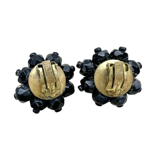 Vintage Black Bead Clip-on Earrings Shape of a Flower