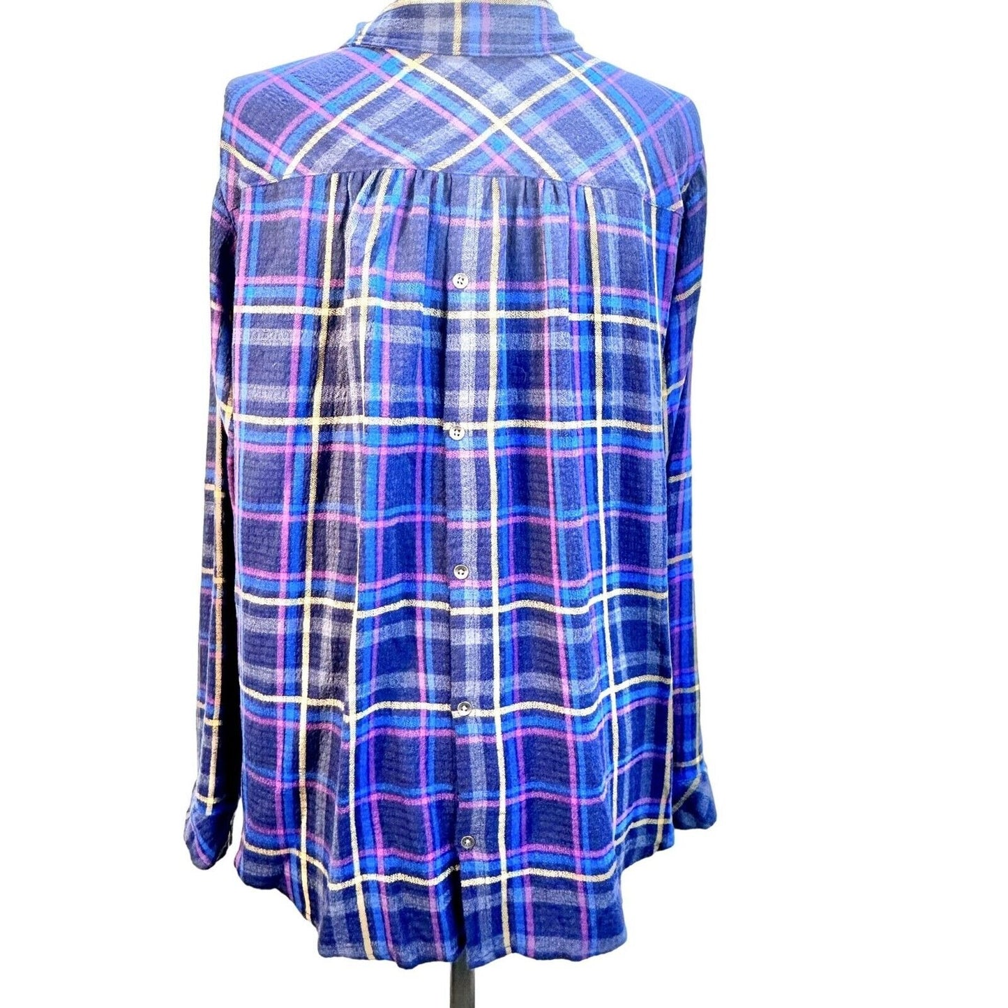 Torrid Flannel Shirt Size 3 Blue Purple Yellow Plaid Buttons Front Back LS NWOT