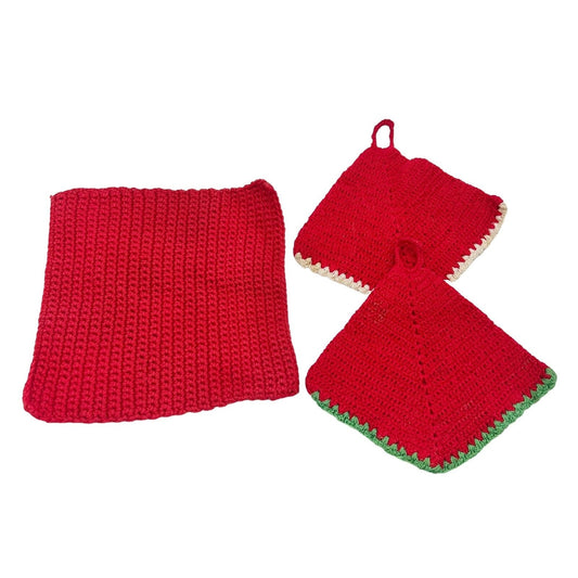 Crocheted Trivet and 2 Pot Holders Red with Green White Trim Christmas