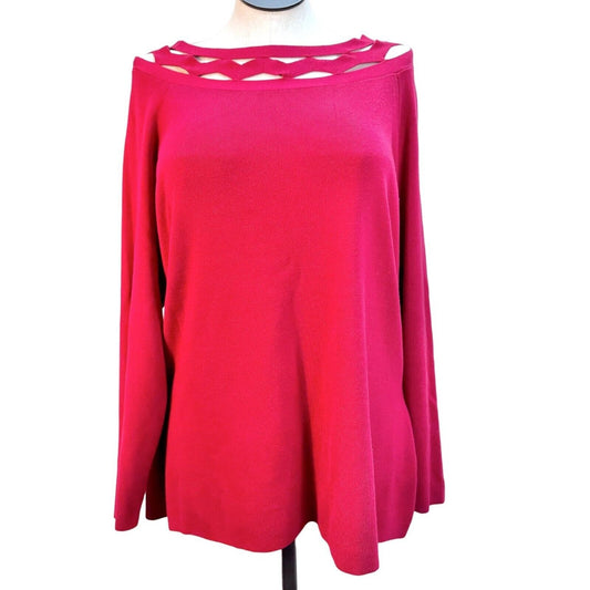 Lane Bryant Sweater 26/28 Red Open Pattern Neckline Long Sleeve NWT