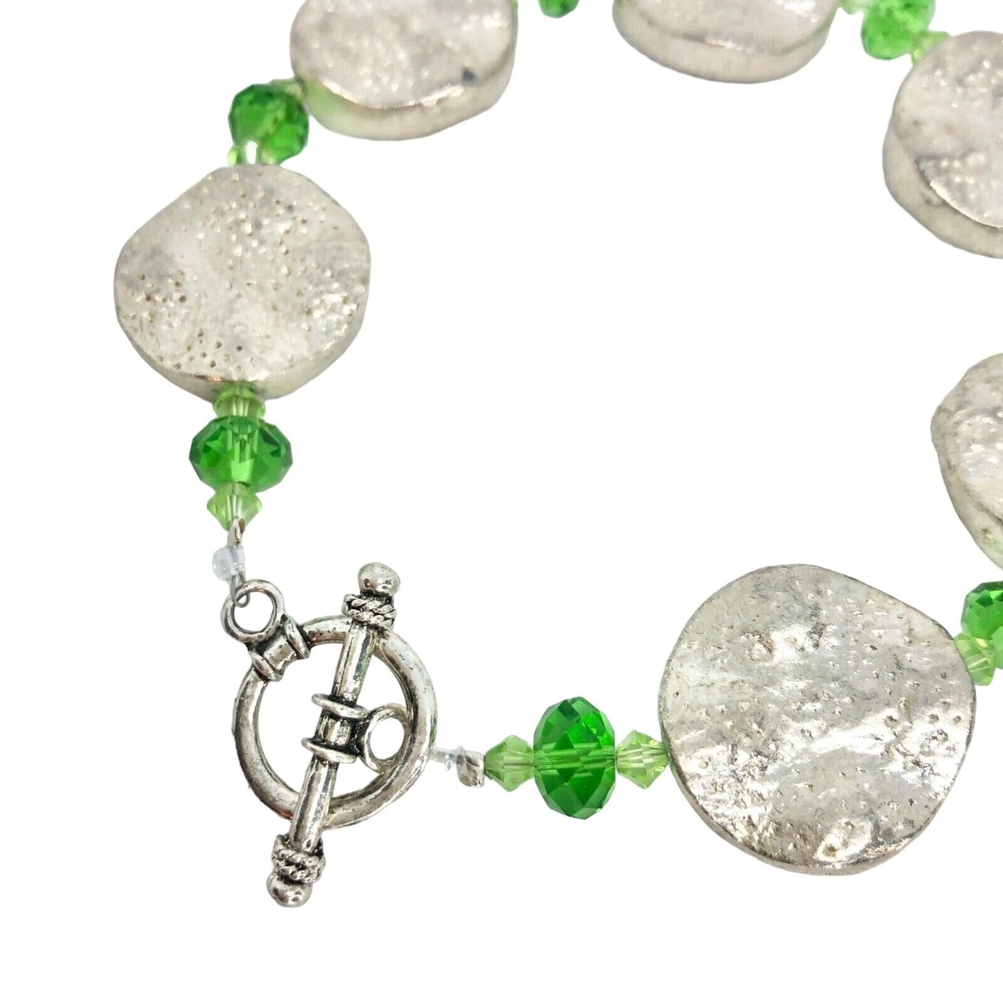 Handcrafted Bracelet Silver Discs & Green Beads Fresh Fun NEW