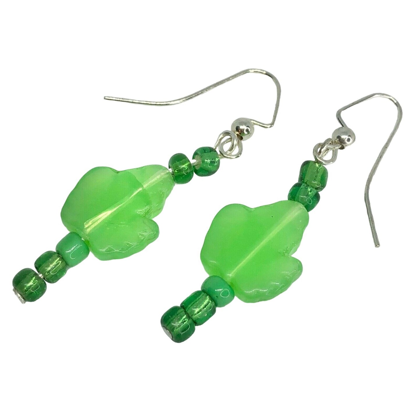 Handmade Beaded Earrings Green Glass Leaf Beads Spring Jewelry NEW