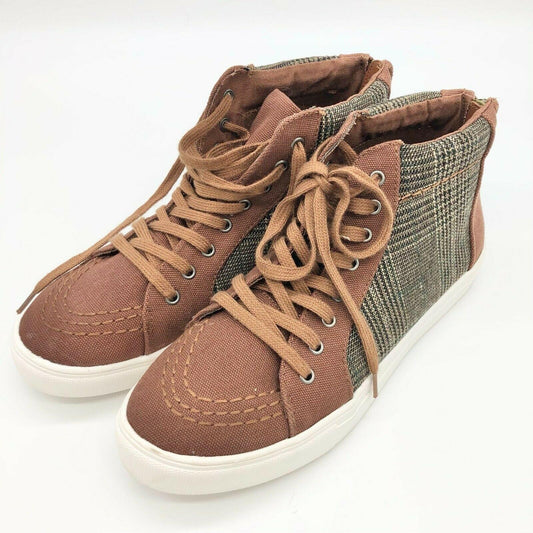 American Eagle Brown Plaid Hi Top Sneakers Womens 10 Zip Back Tie Front