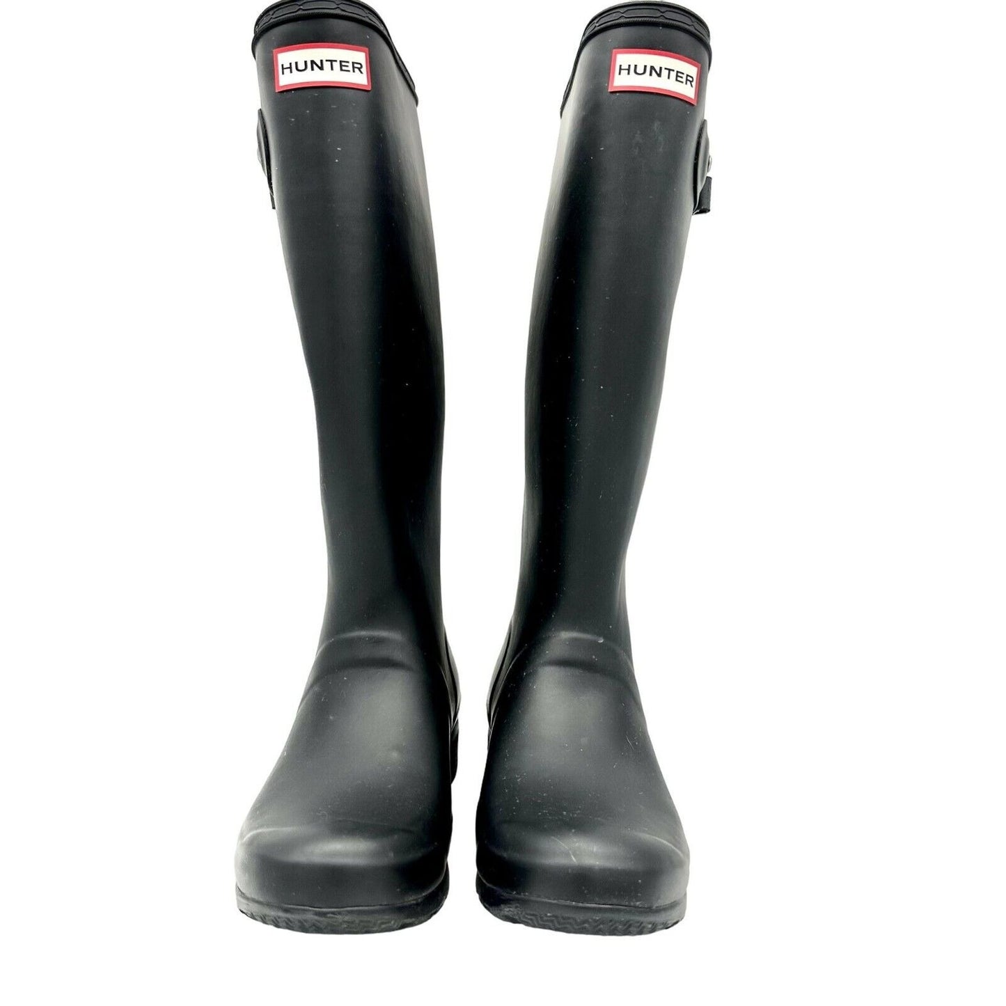 Hunter Rain Boots Size 7 Black Rubber Pull On 1 inch Heel 14 inch Shaft EUC